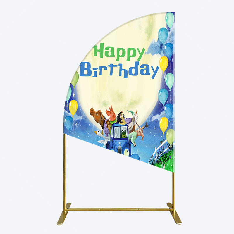 Aperturee - Aperturee Animals Blue Truck Balloons Birthday Half Moon Arch Backdrop