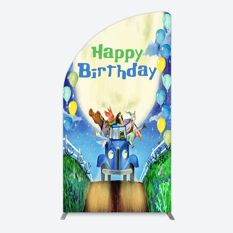 Aperturee - Aperturee Animals Blue Truck Balloons Birthday Half Moon Arch Backdrop