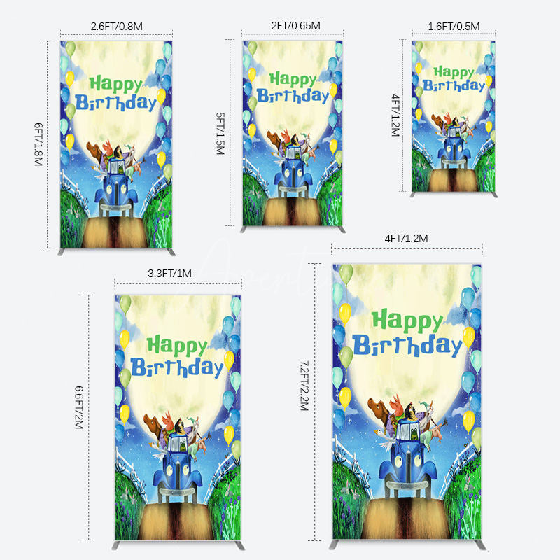 Aperturee - Aperturee Animals Blue Truck Balloons Birthday Rectangle Backdrop