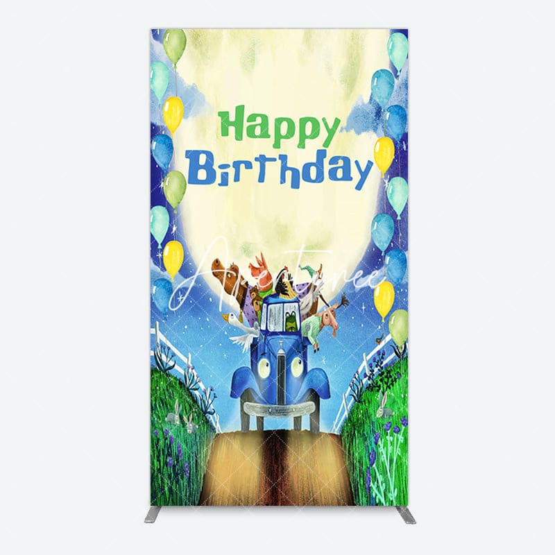 Aperturee - Aperturee Animals Blue Truck Balloons Birthday Rectangle Backdrop