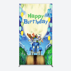 Aperturee - Aperturee Animals Blue Truck Balloons Birthday Rectangle Backdrop