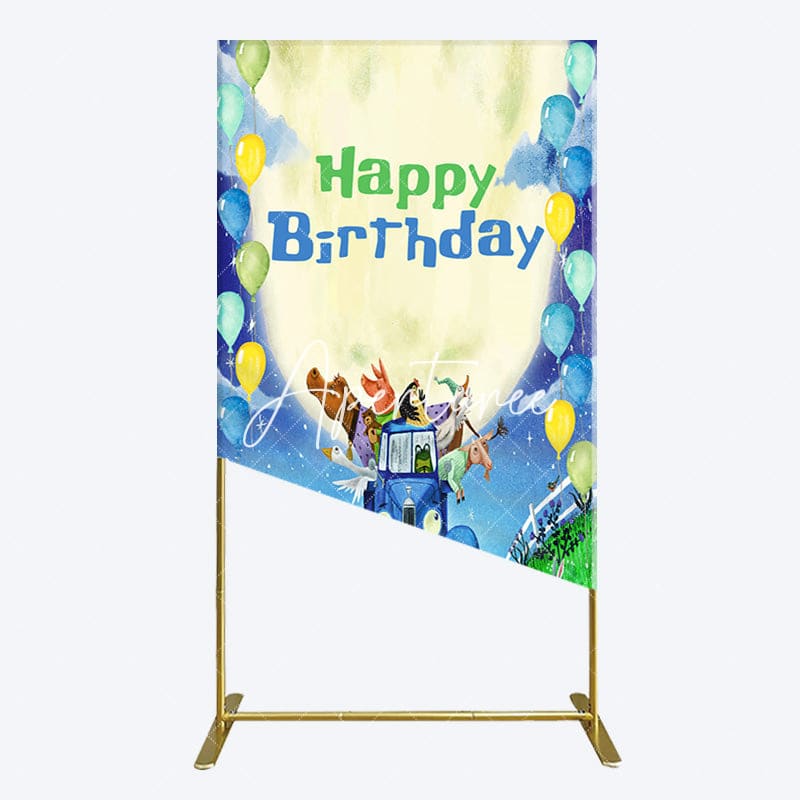Aperturee - Aperturee Animals Blue Truck Balloons Birthday Rectangle Backdrop