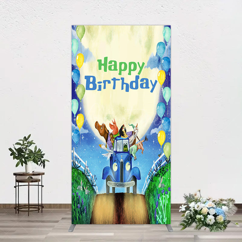 Aperturee - Aperturee Animals Blue Truck Balloons Birthday Rectangle Backdrop