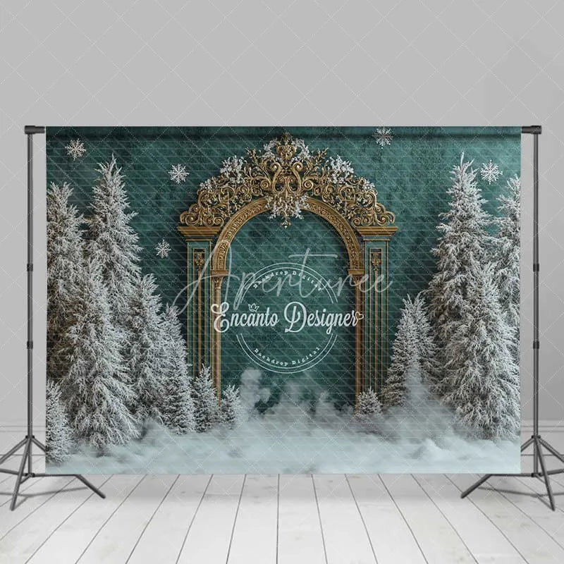 Aperturee - Aperturee Antique Gold Gate Christmas Backdrop Green Texture Snowy Pine Photography Background