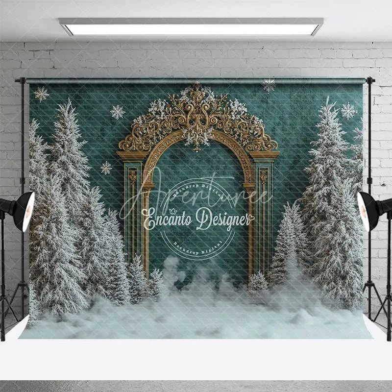 Aperturee - Aperturee Antique Gold Gate Christmas Backdrop Green Texture Snowy Pine Photography Background