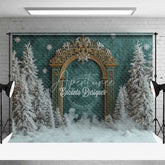 Aperturee - Aperturee Antique Gold Gate Christmas Backdrop Green Texture Snowy Pine Photography Background