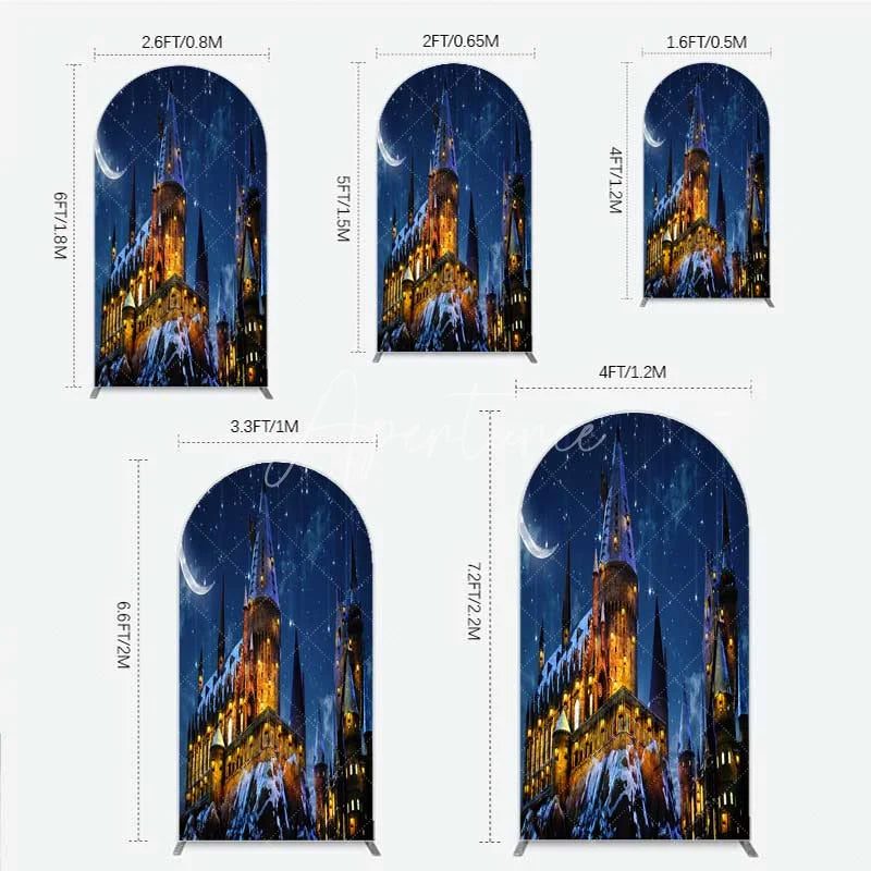 Aperturee - Aperturee Arch Backdrop Magic Castle Night Wizard School Winter Moon Starry Sky Arch Cover