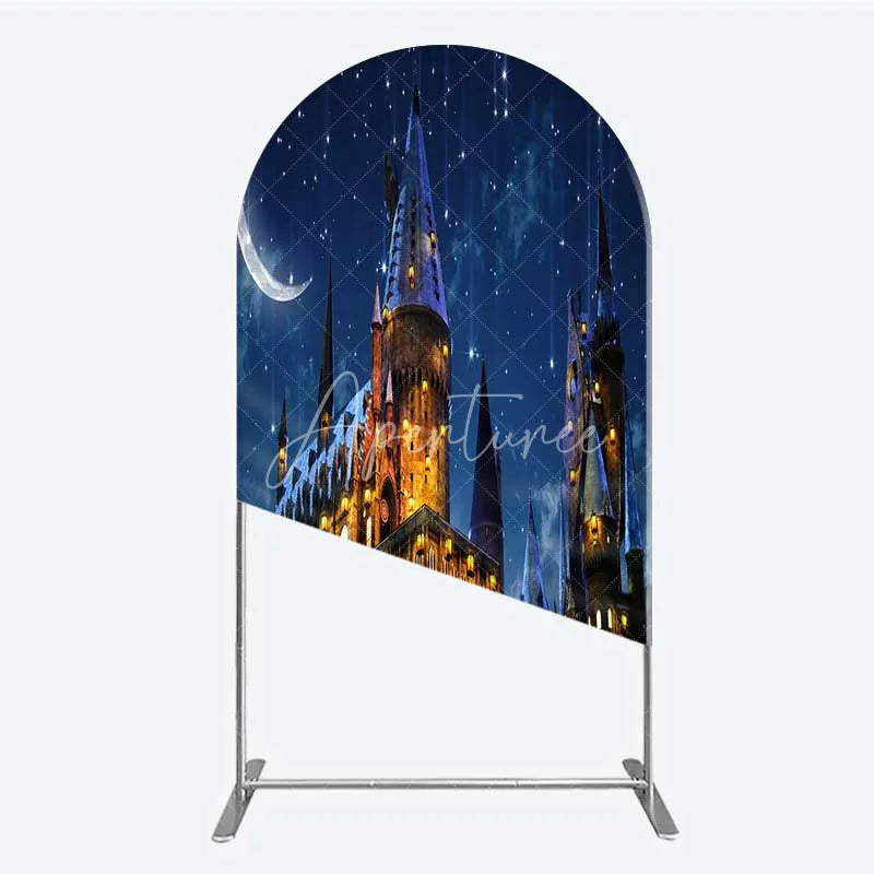 Aperturee - Aperturee Arch Backdrop Magic Castle Night Wizard School Winter Moon Starry Sky Arch Cover
