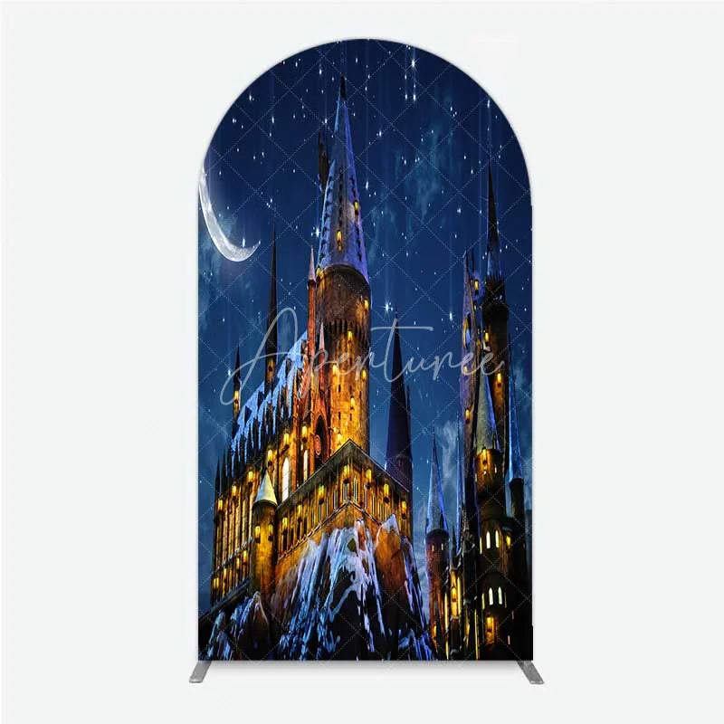 Aperturee - Aperturee Arch Backdrop Magic Castle Night Wizard School Winter Moon Starry Sky Arch Cover