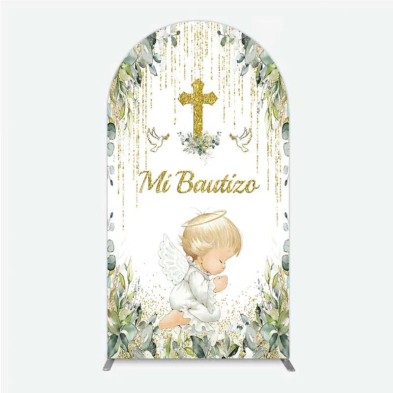 Aperturee - Aperturee Arch Backdrop Mi Bautizo Angel Gold Cross Cover Greenery Eucalyptus Baptism Chiara Wall Background Religious Decor