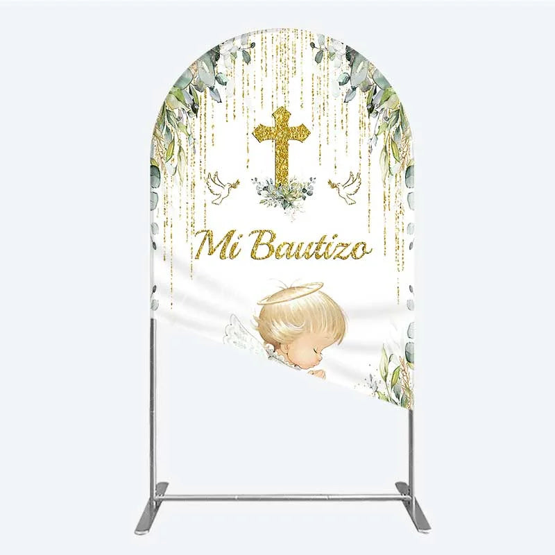 Aperturee - Aperturee Arch Backdrop Mi Bautizo Angel Gold Cross Cover Greenery Eucalyptus Baptism Chiara Wall Background Religious Decor