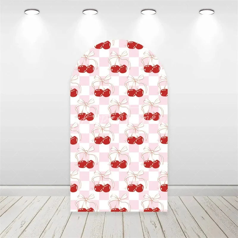 Aperturee - Aperturee Arch Backdrop Pink Cherry Checkered Pattern Coquette Bow Red Fruit Sweet Birthday Arch Cover