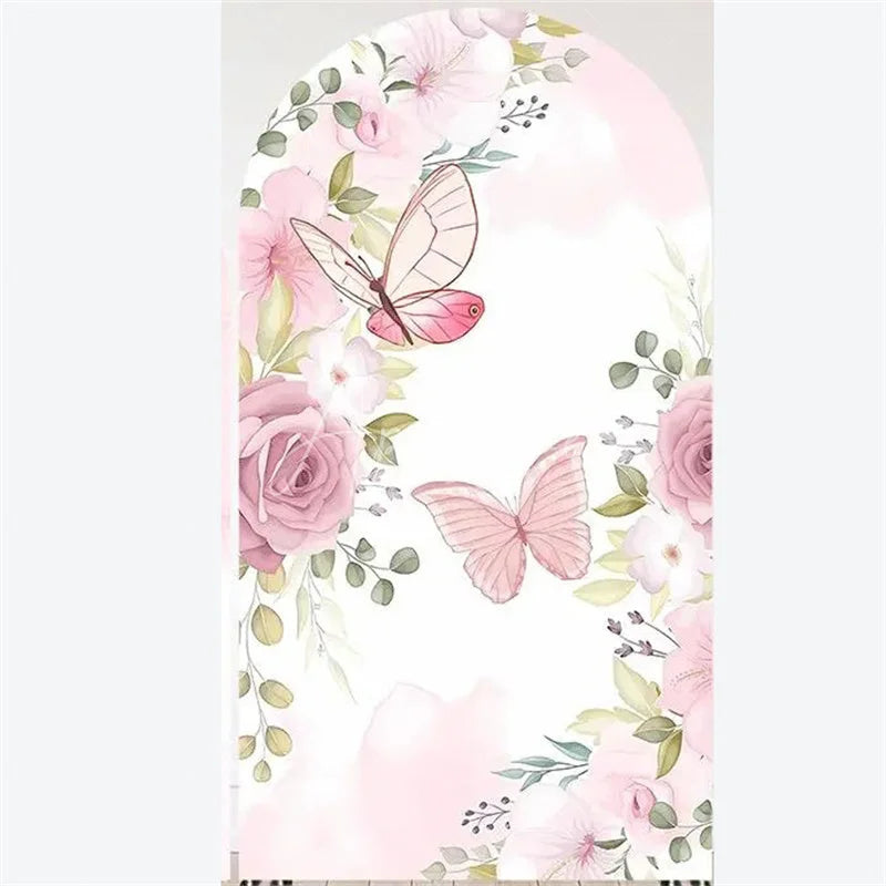 Aperturee - Aperturee Arch Backdrop Pink Watercolor Butterfly Floral Spring Garden Flowers Girl Birthday Arch Cover