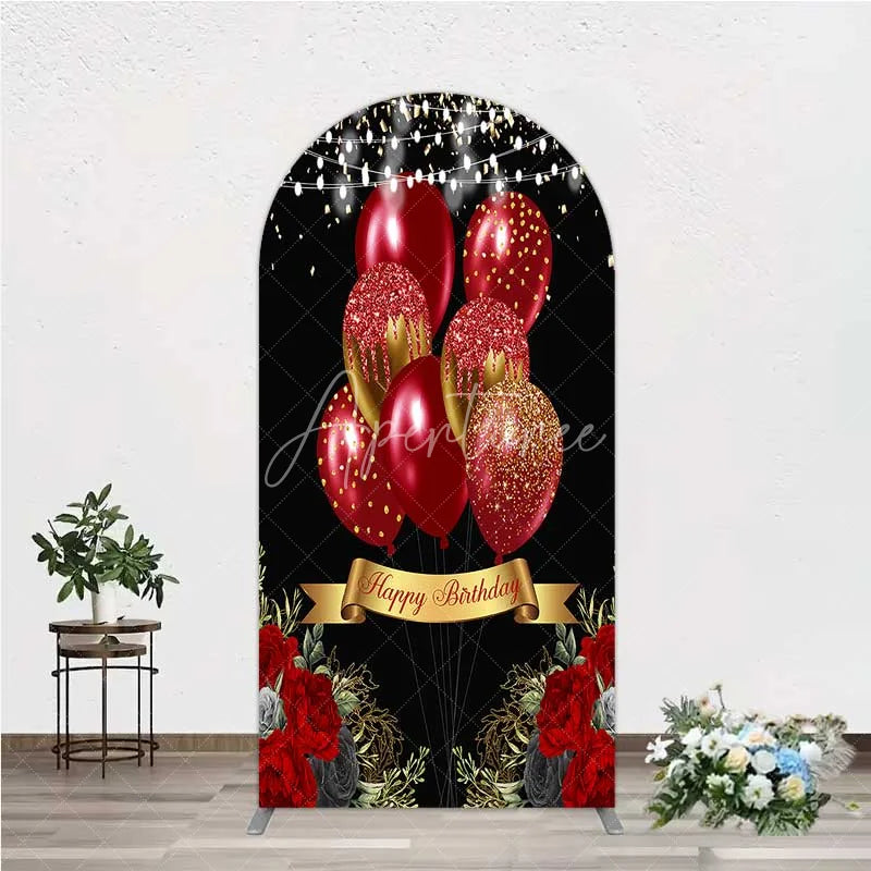 Aperturee - Aperturee Arch Backdrop Red Gold Balloons Happy Birthday Cover Black Floral Rose Chiara Wall Background Party Decoration