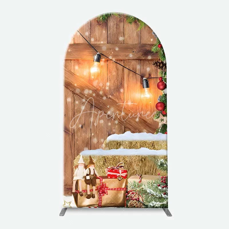 Aperturee - Aperturee Arch Backdrop Rustic Wood Christmas Barn Door Cover Red Wreath Pine Tree Winter Holiday Background Party Prop