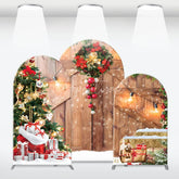 Aperturee - Aperturee Arch Backdrop Rustic Wood Christmas Barn Door Cover Red Wreath Pine Tree Winter Holiday Background Party Prop