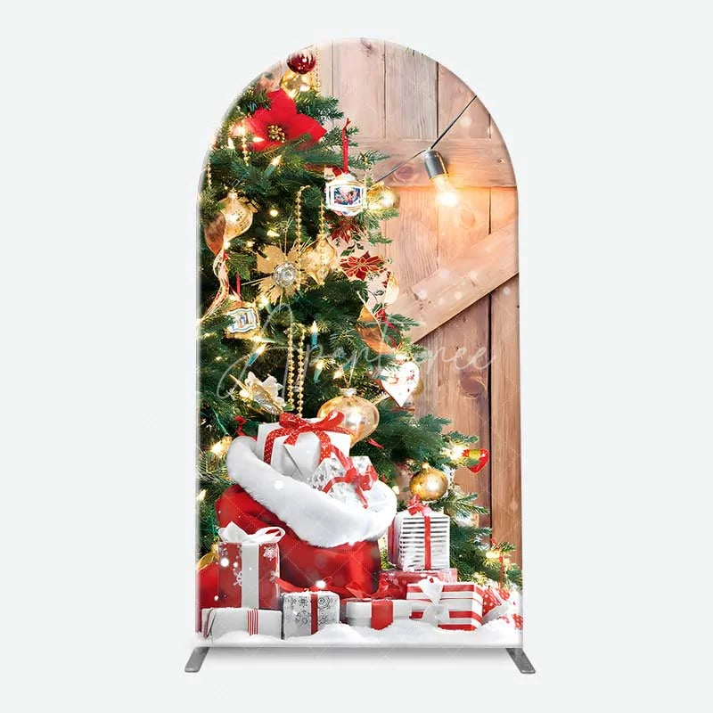 Aperturee - Aperturee Arch Backdrop Rustic Wood Christmas Barn Door Cover Red Wreath Pine Tree Winter Holiday Background Party Prop