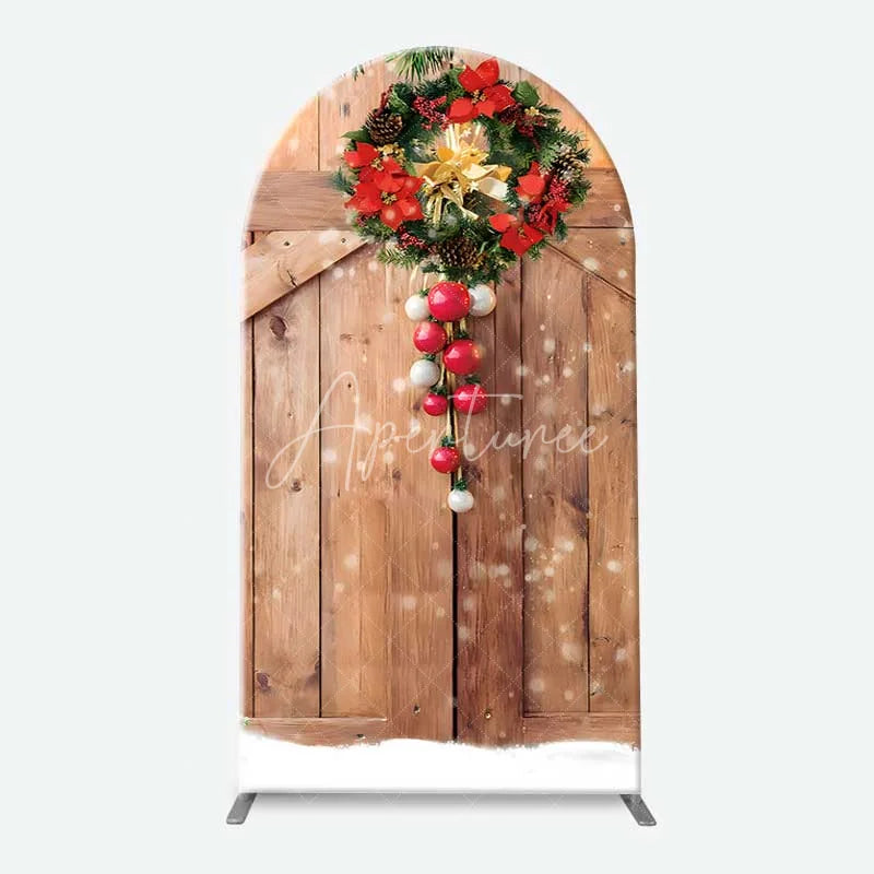 Aperturee - Aperturee Arch Backdrop Rustic Wood Christmas Barn Door Cover Red Wreath Pine Tree Winter Holiday Background Party Prop
