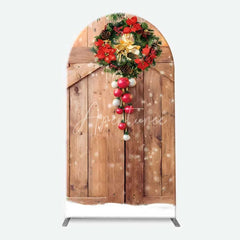 Aperturee - Aperturee Arch Backdrop Rustic Wood Christmas Barn Door Cover Red Wreath Pine Tree Winter Holiday Background Party Prop