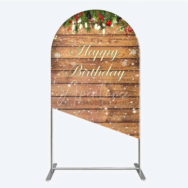 Aperturee - Aperturee Arch Backdrop Rustic Wood Christmas Happy Birthday Cover Winter Pine Tree Light Background Holiday Born Party Decor