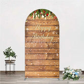 Aperturee - Aperturee Arch Backdrop Rustic Wood Christmas Happy Birthday Cover Winter Pine Tree Light Background Holiday Born Party Decor