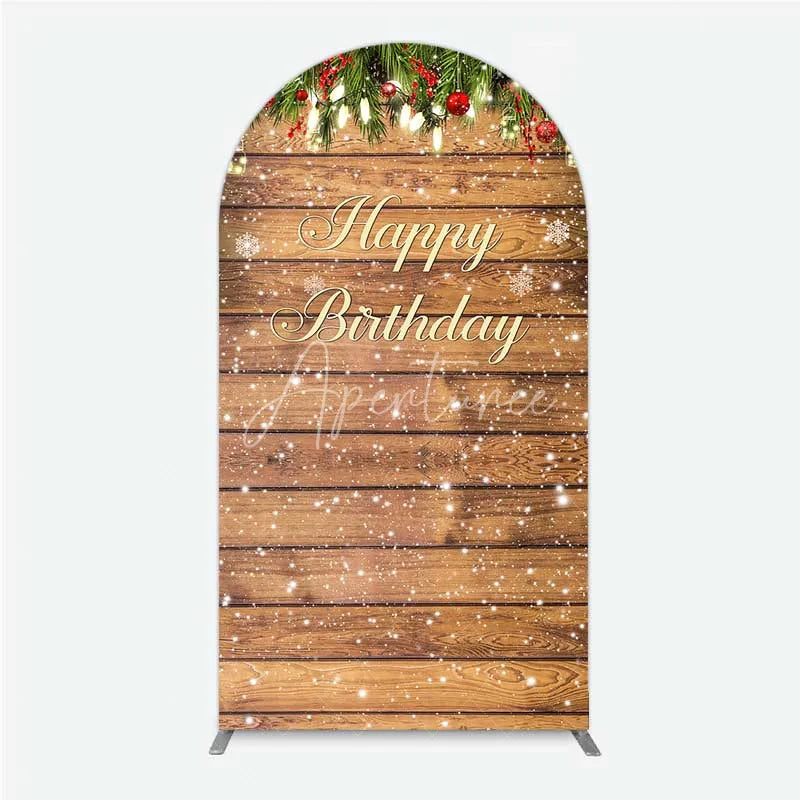 Aperturee - Aperturee Arch Backdrop Rustic Wood Christmas Happy Birthday Cover Winter Pine Tree Light Background Holiday Born Party Decor