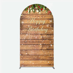 Aperturee - Aperturee Arch Backdrop Rustic Wood Christmas Happy Birthday Cover Winter Pine Tree Light Background Holiday Born Party Decor