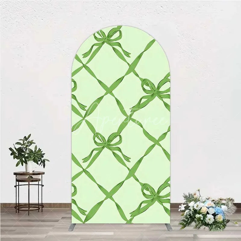Aperturee - Aperturee Arch Backdrop Sage Green Bow Ribbon Lattice Pattern Party Decoration