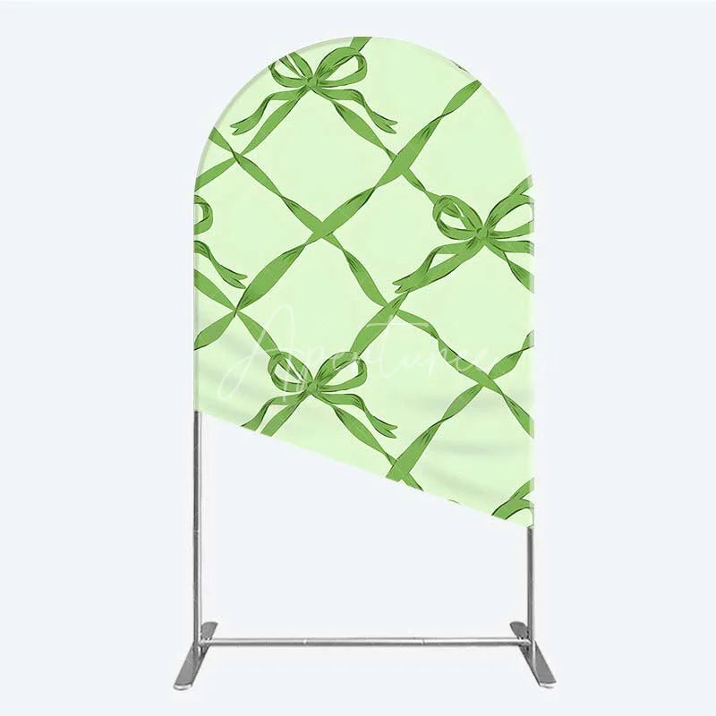 Aperturee - Aperturee Arch Backdrop Sage Green Bow Ribbon Lattice Pattern Party Decoration