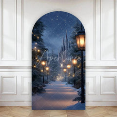 Aperturee - Aperturee Arch Backdrop Winter Night Street Lamp Snow Cover Magical Blue Forest Path Chiara Wall Background Christmas Decor