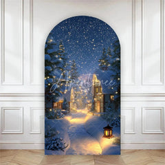 Aperturee - Aperturee Arch Backdrop Winter Night Street Lamp Snow Cover Magical Blue Forest Path Chiara Wall Background Christmas Decor