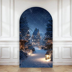 Aperturee - Aperturee Arch Backdrop Winter Night Street Lamp Snow Cover Magical Blue Forest Path Chiara Wall Background Christmas Decor