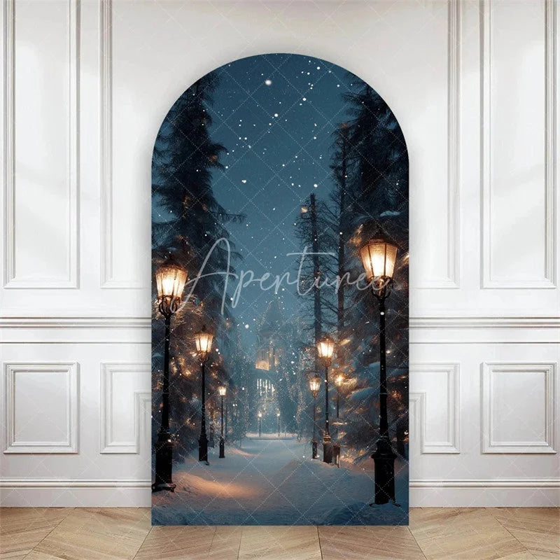 Aperturee - Aperturee Arch Backdrop Winter Night Street Lamp Snow Cover Magical Blue Forest Path Chiara Wall Background Christmas Decor