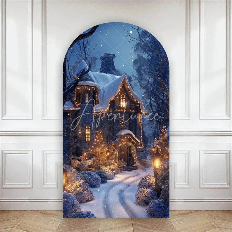 Aperturee - Aperturee Arch Backdrop Winter Night Street Lamp Snow Cover Magical Blue Forest Path Chiara Wall Background Christmas Decor