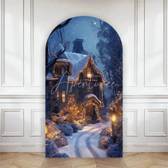 Aperturee - Aperturee Arch Backdrop Winter Night Street Lamp Snow Cover Magical Blue Forest Path Chiara Wall Background Christmas Decor