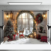 Aperturee - Aperturee Arched Window Deer Wreath Christmas Backdrop
