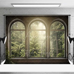 Aperturee - Aperturee Arched Window Forest View Photography Backdrop Sunlight Green Woods Nature Photo Background Indoor Scenery Photo