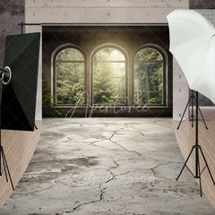 Aperturee - Aperturee Arched Window Forest View Sweep Photo Backdrop Sunlight Green Woods Nature Background Indoor Scenery Floor Prop