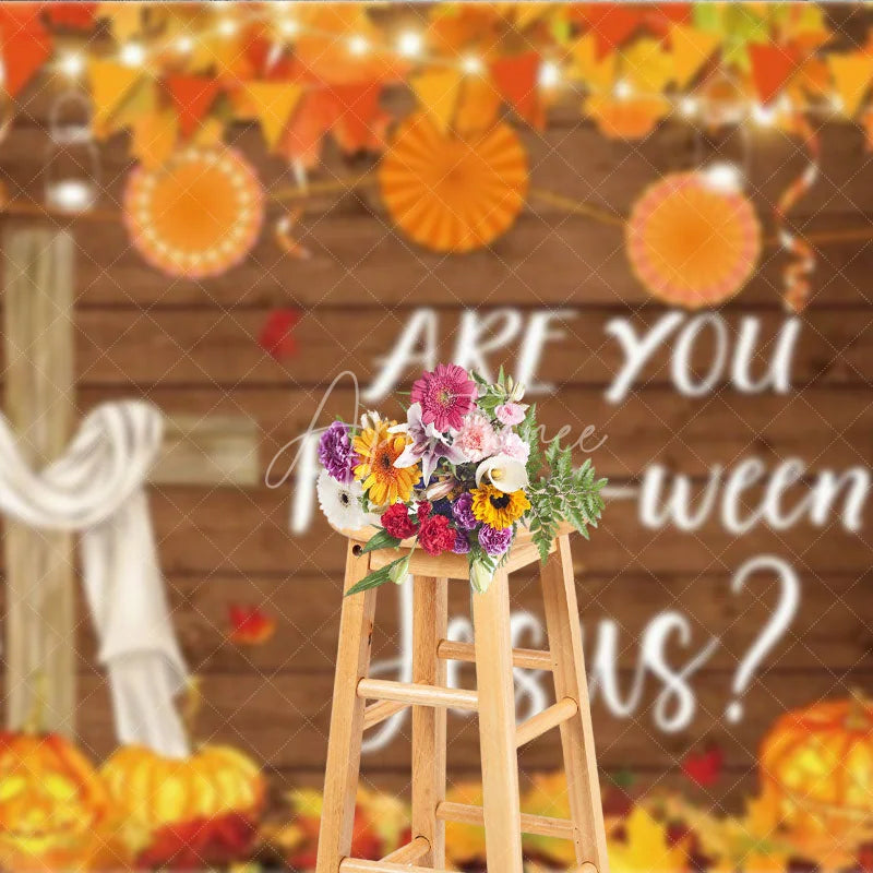 Aperturee - Aperturee Are You Fall-o-ween Jesus Backdrop Christian Autumn Harvest Festival with Cross Rustic Pumpkin Party Decor