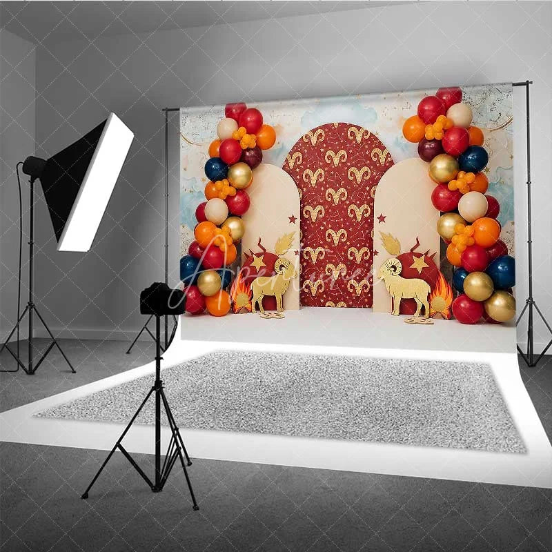 Aperturee - Aperturee Aries Zodiac Cake Smash Backdrop Red and Gold Ram Party Background for Astrology Birthday