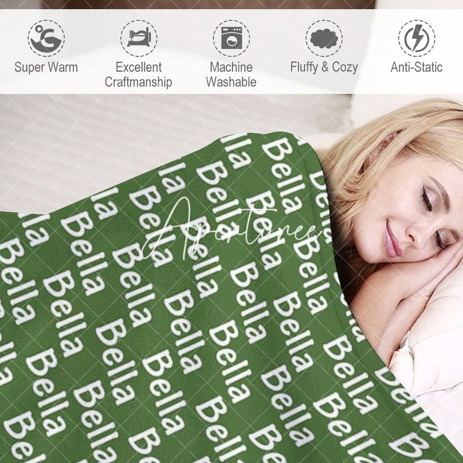 Aperturee - Aperturee Army Green White Repeated Personalized Name Blanket