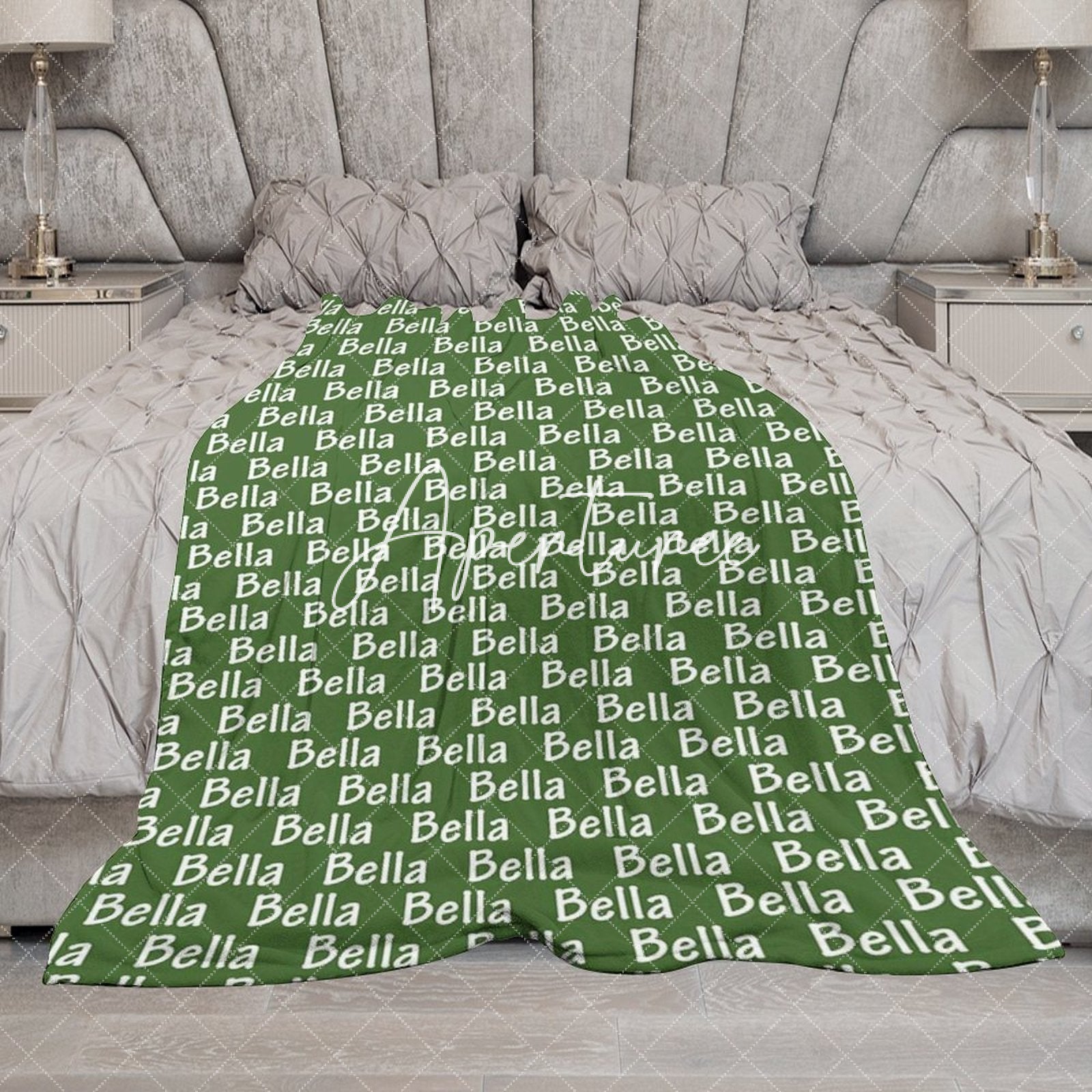 Aperturee - Aperturee Army Green White Repeated Personalized Name Blanket