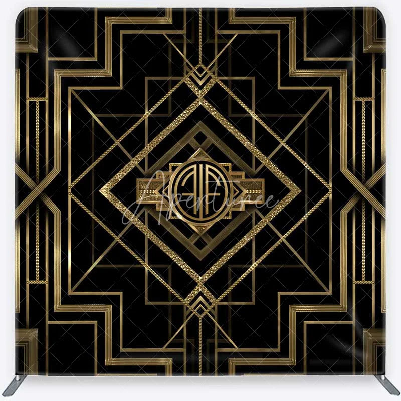 Aperturee - Aperturee Art Deco Gatsby Style Tension Fabric Backdrop Black and Gold Geometric Luxury Party Background