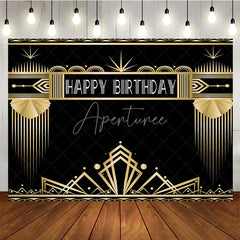 Aperturee - Aperturee Art Deco Gold and Black Happy Birthday Backdrop Gatsby Style Geometric Party Banner for Photography