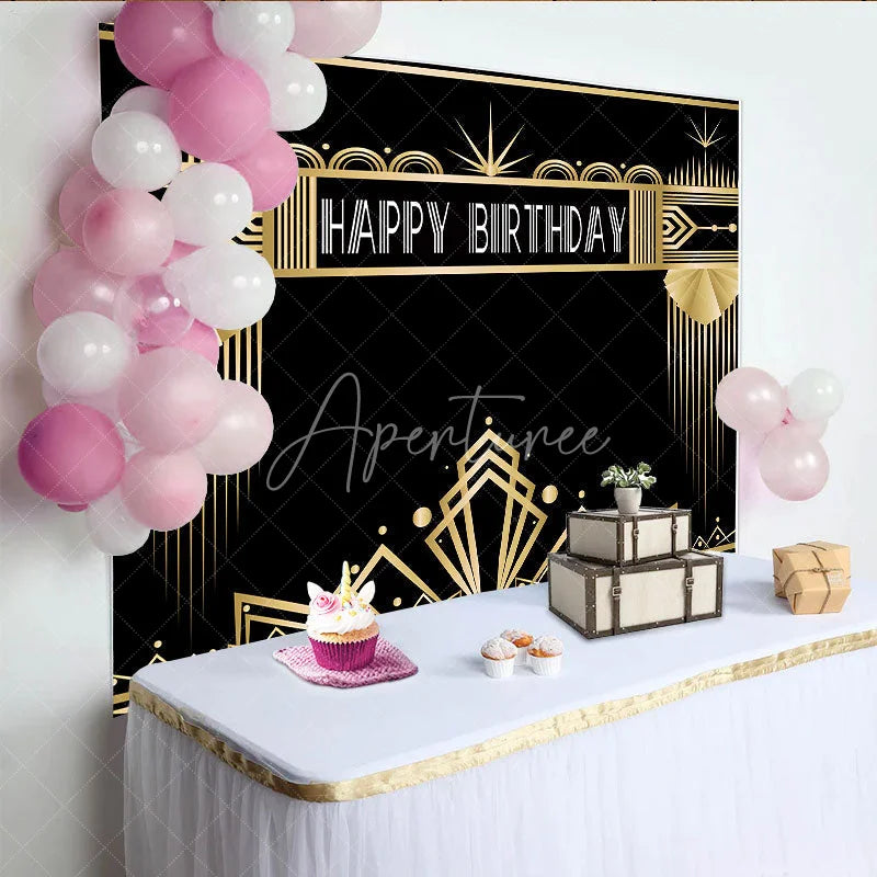 Aperturee - Aperturee Art Deco Gold and Black Happy Birthday Backdrop Gatsby Style Geometric Party Banner for Photography