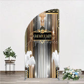 Aperturee - Aperturee Art Deco Graduation Half Moon Arch Backdrop Black Gold Roaring 20s Feathers Background Class of 2024 Party Half Moon