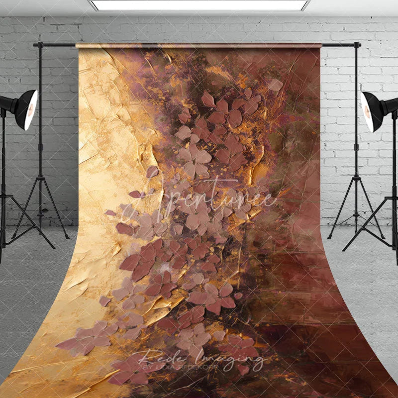 Aperturee - Aperturee Artistic Abstract Floral Textured Sweep Backdrop with Gold and Maroon Tones Elegant Photography Studio Prop