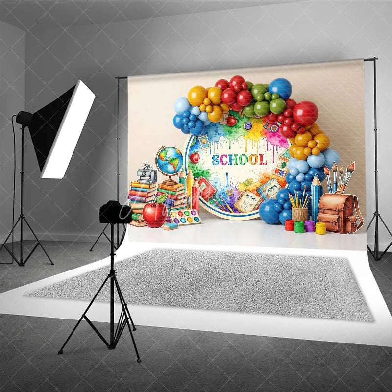 Aperturee - Aperturee Artistic Back To School Backdrop Paint Splatter Globe Books Apple Background Student Photography Banner