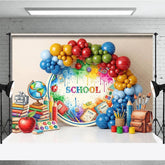 Aperturee - Aperturee Artistic Back To School Backdrop Paint Splatter Globe Books Apple Background Student Photography Banner