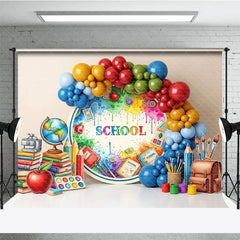 Aperturee - Aperturee Artistic Back To School Backdrop Paint Splatter Globe Books Apple Background Student Photography Banner